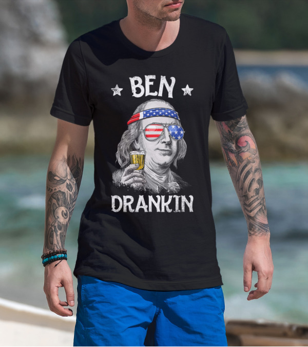 Ben Drankin 4th Of July Benjamin Franklin With American Flag Headband And Sunglasses T-Shirt