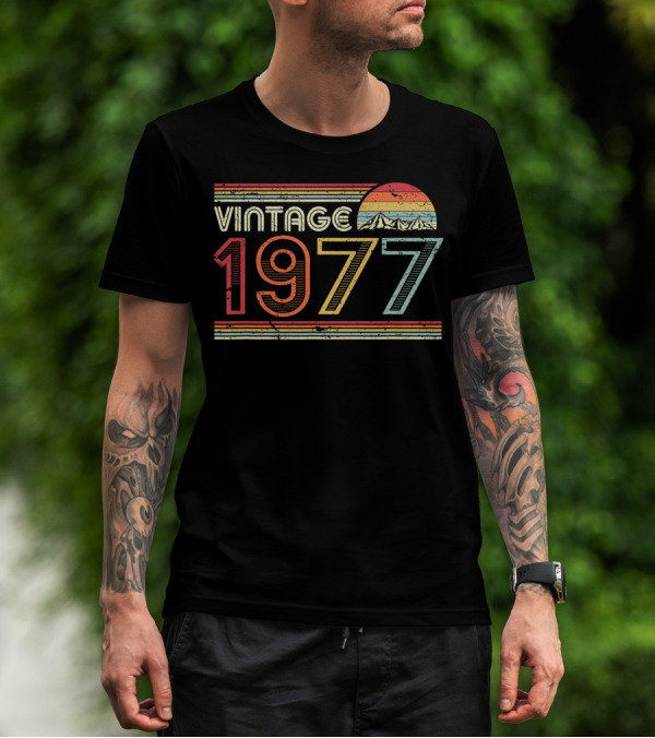Vintage 1977 Retro Mountain Sunset Stripes T-Shirt