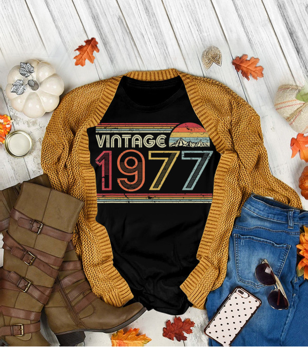 Vintage 1977 Retro Mountain Sunset Stripes T-Shirt