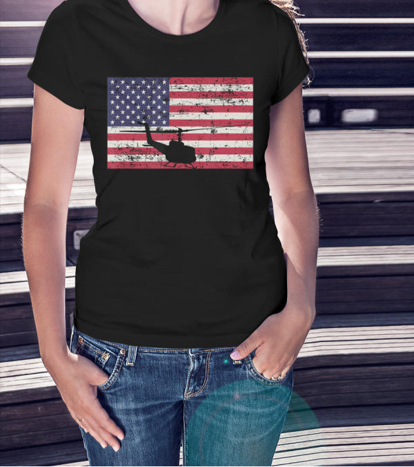 Bell UH-1 Huey American Flag USA Helicopter Patriotic T-Shirt
