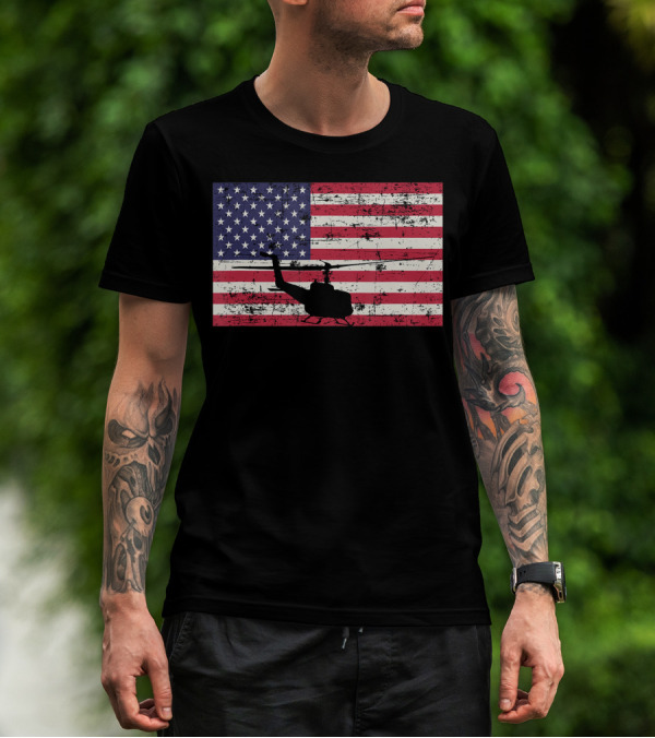 Bell UH-1 Huey American Flag USA Helicopter Patriotic T-Shirt
