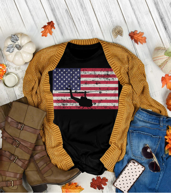 Bell UH-1 Huey American Flag USA Helicopter Patriotic T-Shirt
