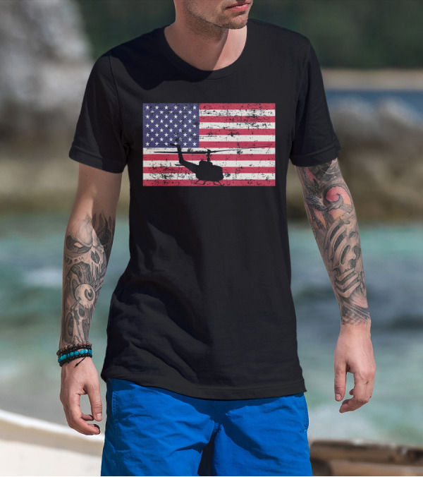Bell UH-1 Huey American Flag USA Helicopter Patriotic T-Shirt