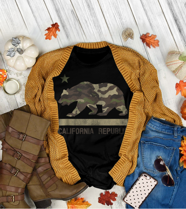 Camouflage California Republic Bear Star Flag Cali LA T-Shirt