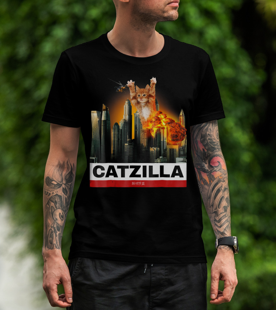 Catzilla Kitty Explosion City Skyline Helicopter Cat Lovers T-Shirt