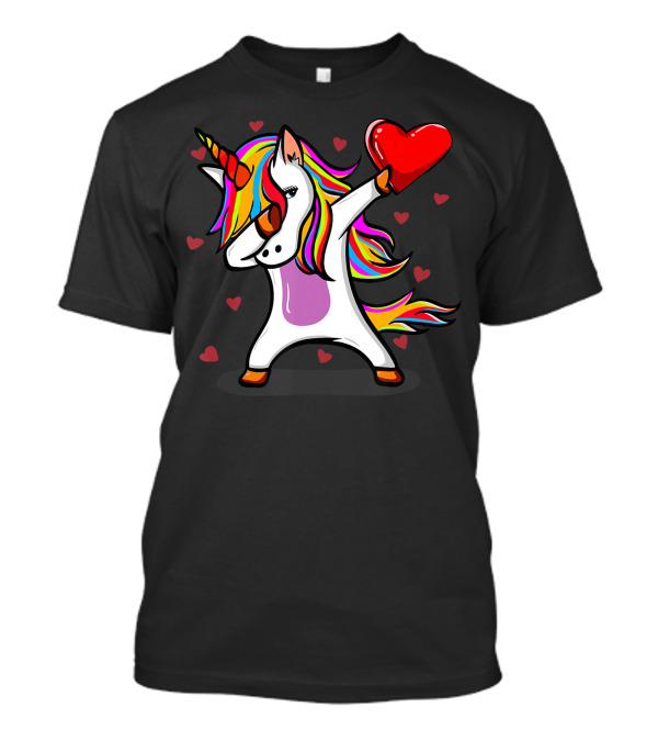 Dabbing Unicorn Holding Heart With Colorful Mane Valentines Day T-Shirt