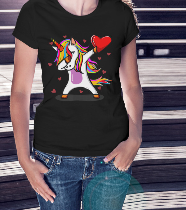 Dabbing Unicorn Holding Heart With Colorful Mane Valentines Day T-Shirt