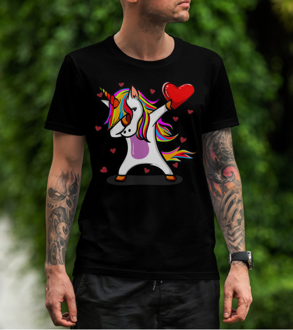 Dabbing Unicorn Holding Heart With Colorful Mane Valentines Day T-Shirt