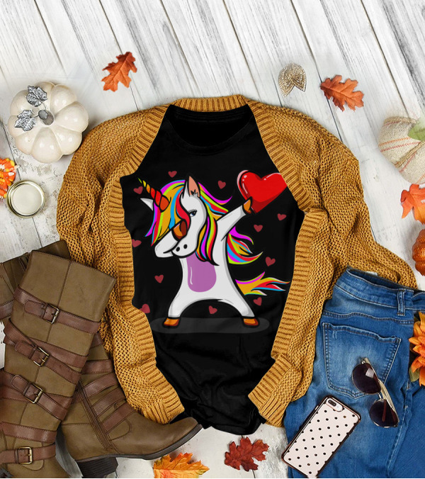 Dabbing Unicorn Holding Heart With Colorful Mane Valentines Day T-Shirt