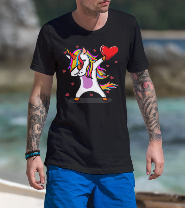 Dabbing Unicorn Holding Heart With Colorful Mane Valentines Day T-Shirt