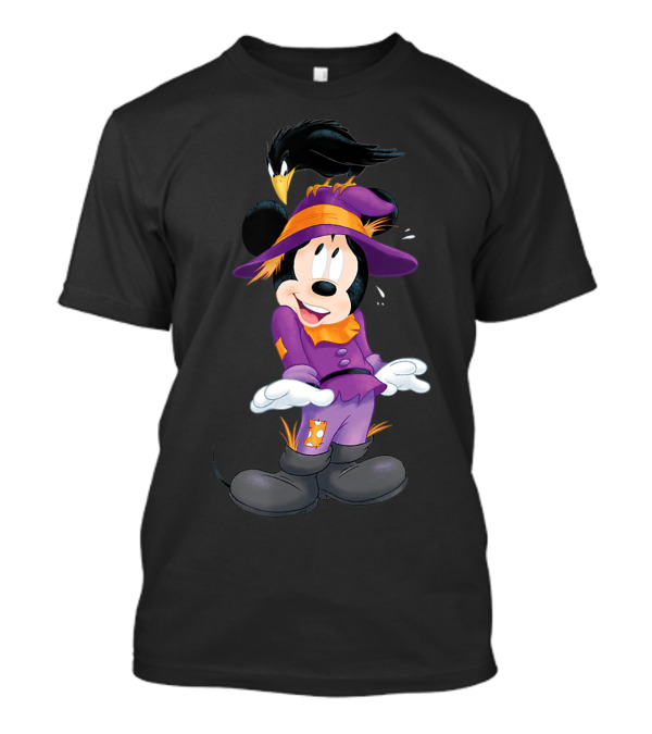 Mickey Mouse Halloween Scarecrow With Purple Outfit And Crow T-Shirt