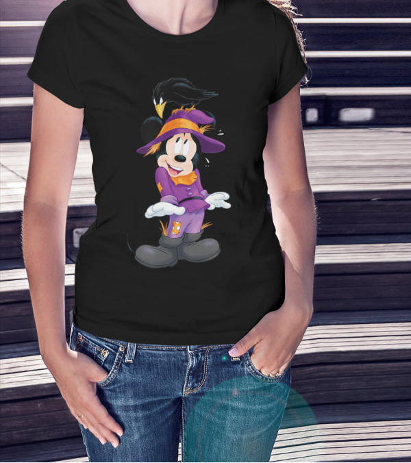 Mickey Mouse Halloween Scarecrow With Purple Outfit And Crow T-Shirt