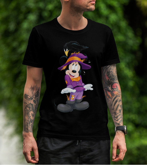 Mickey Mouse Halloween Scarecrow With Purple Outfit And Crow T-Shirt