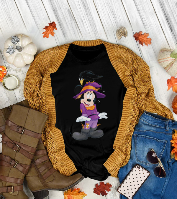 Mickey Mouse Halloween Scarecrow With Purple Outfit And Crow T-Shirt