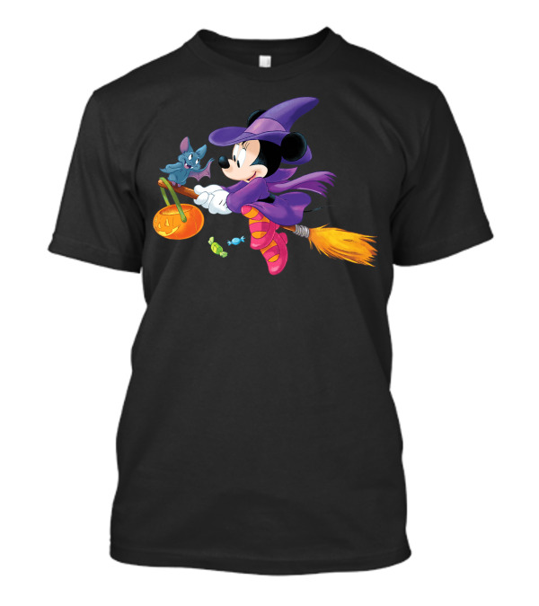 Disney Halloween Minnie Mouse Witch On Broomstick With Bat And Pumpkin T-Shirt