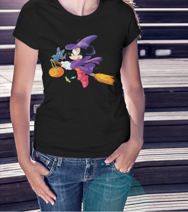 Disney Halloween Minnie Mouse Witch On Broomstick With Bat And Pumpkin T-Shirt