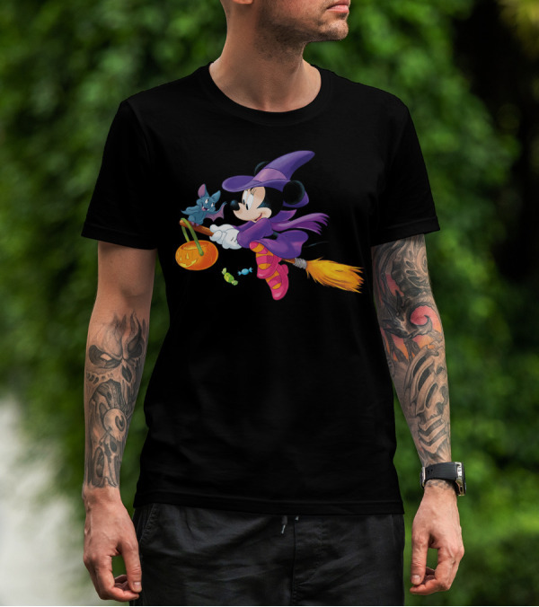 Disney Halloween Minnie Mouse Witch On Broomstick With Bat And Pumpkin T-Shirt