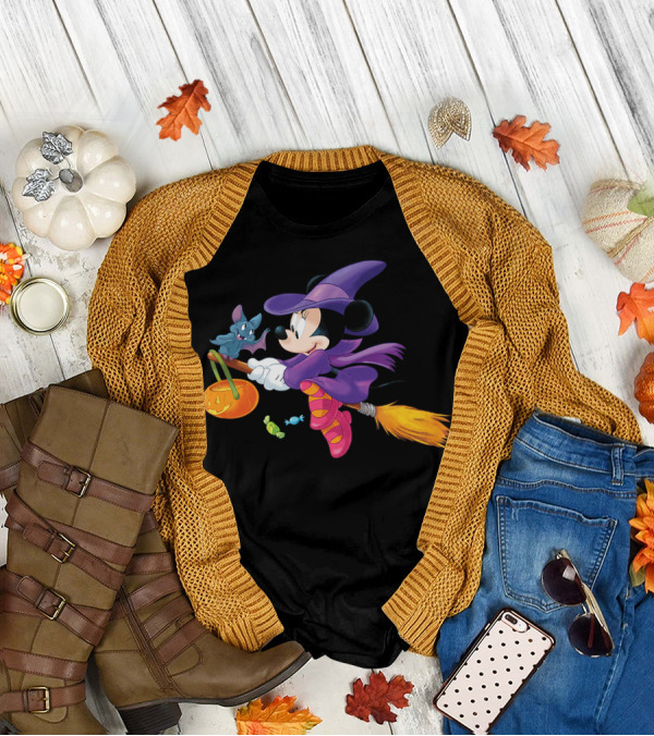Disney Halloween Minnie Mouse Witch On Broomstick With Bat And Pumpkin T-Shirt