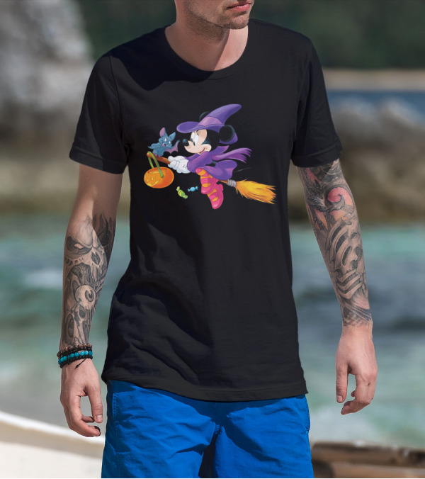 Disney Halloween Minnie Mouse Witch On Broomstick With Bat And Pumpkin T-Shirt