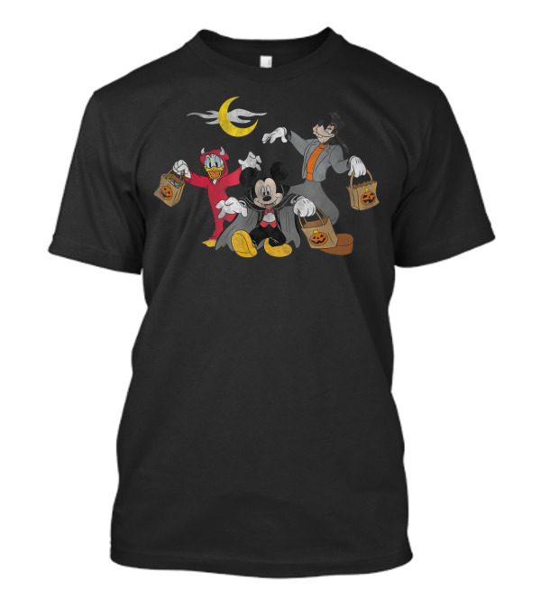 Disney Mickey Goofy Donald Halloween Squad Moon Pumpkin Bags Costume T-Shirt