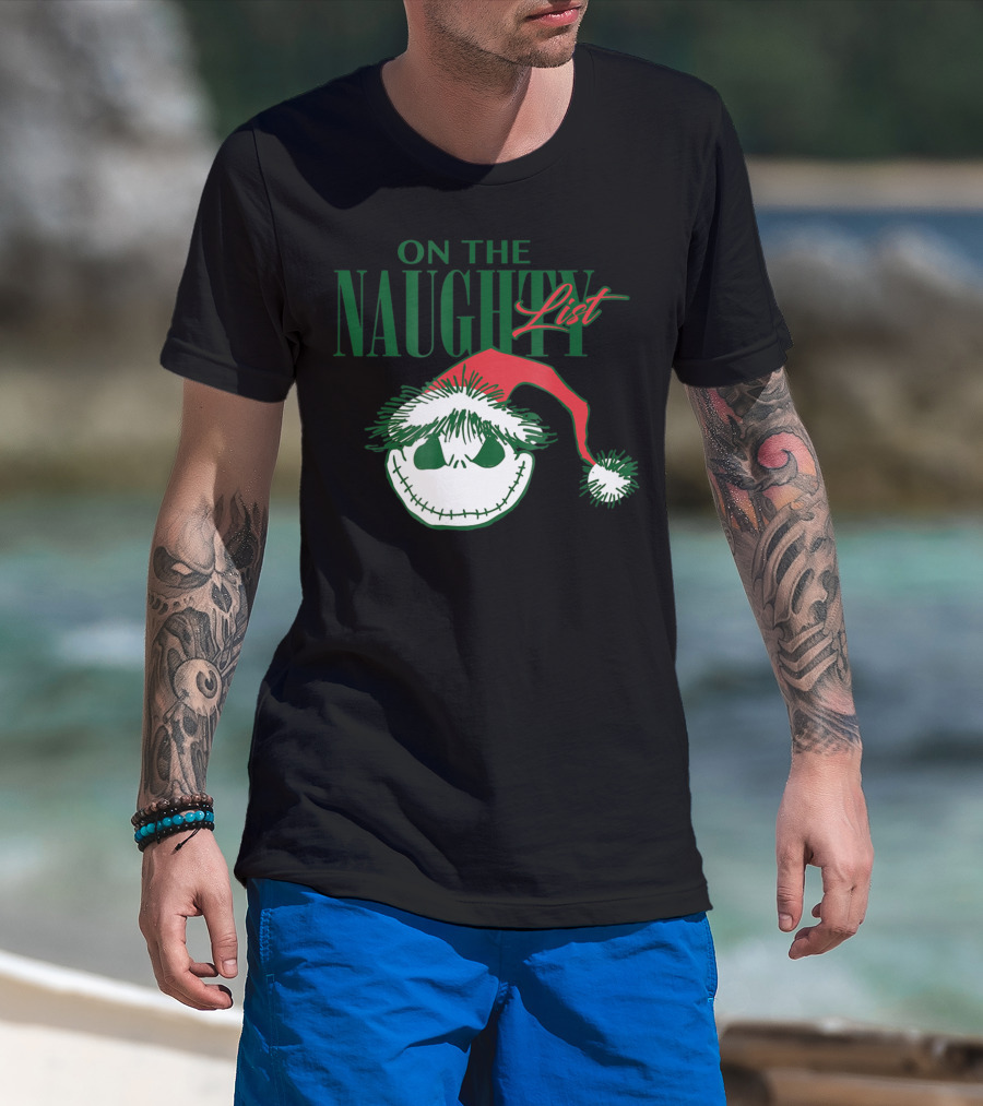 Disney Nightmare Before Christmas On The Naughty List With Jack Skellington Santa Hat T-Shirt