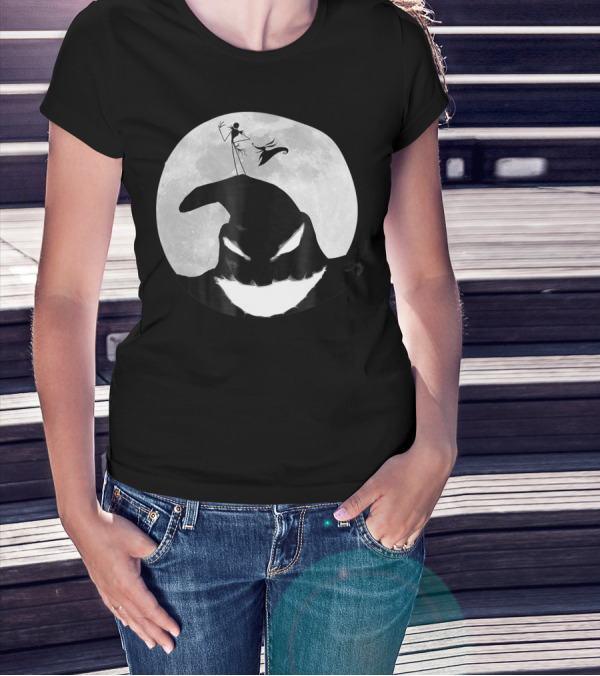 Disney Nightmare Before Christmas Oogie Boogie And Jack Skellington Silhouette Against Full Moon T-Shirt