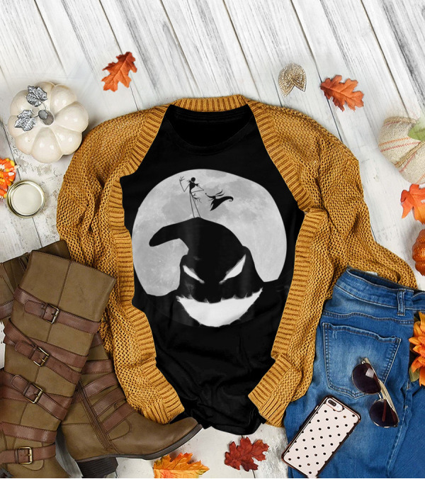 Disney Nightmare Before Christmas Oogie Boogie And Jack Skellington Silhouette Against Full Moon T-Shirt
