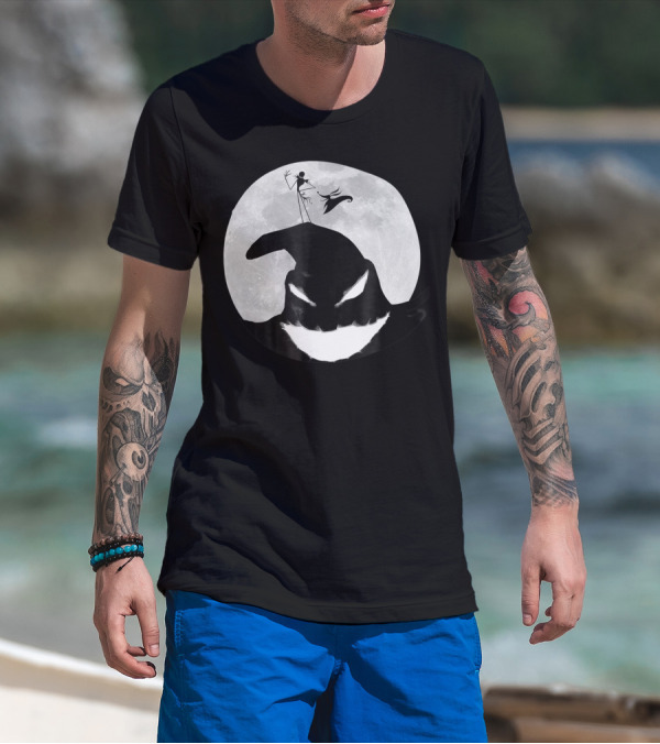 Disney Nightmare Before Christmas Oogie Boogie And Jack Skellington Silhouette Against Full Moon T-Shirt