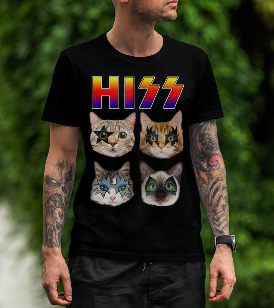 Hiss Cats Kittens Rock Band Parody With Iconic Face Paint Pun T-Shirt