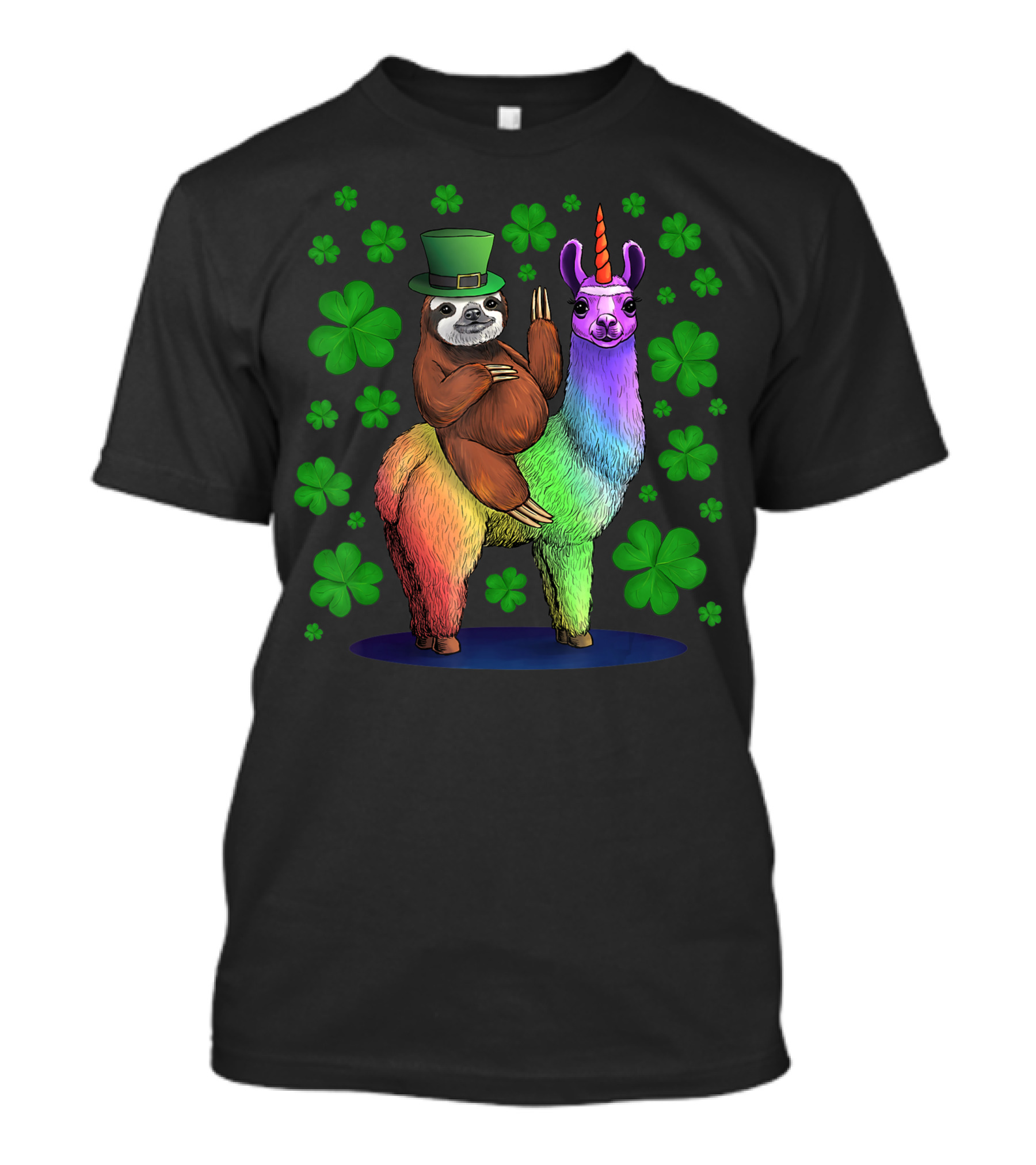 Leprechaun Sloth On Rainbow Llama Unicorn St Patricks Day Clover Background T-Shirt