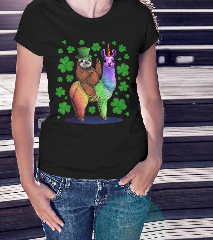 Leprechaun Sloth On Rainbow Llama Unicorn St Patricks Day Clover Background T-Shirt