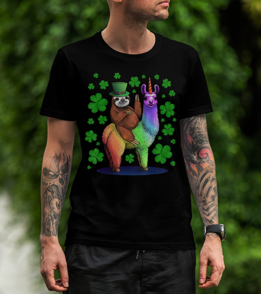 Leprechaun Sloth On Rainbow Llama Unicorn St Patricks Day Clover Background T-Shirt