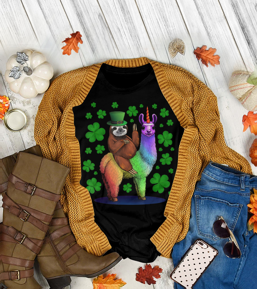 Leprechaun Sloth On Rainbow Llama Unicorn St Patricks Day Clover Background T-Shirt