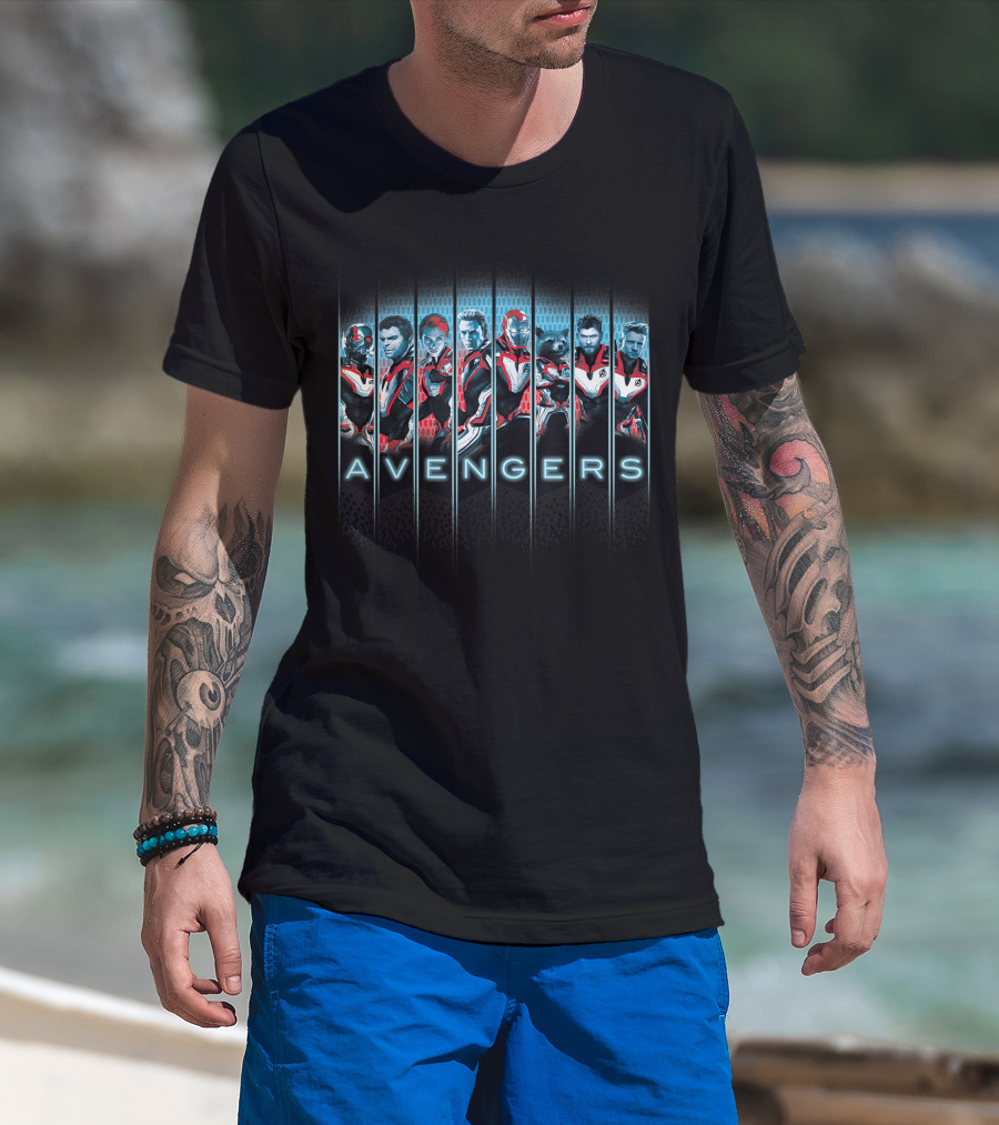 Marvel Avengers Endgame Super Heroes Assemble Quantum Suits Team Lineup T-Shirt