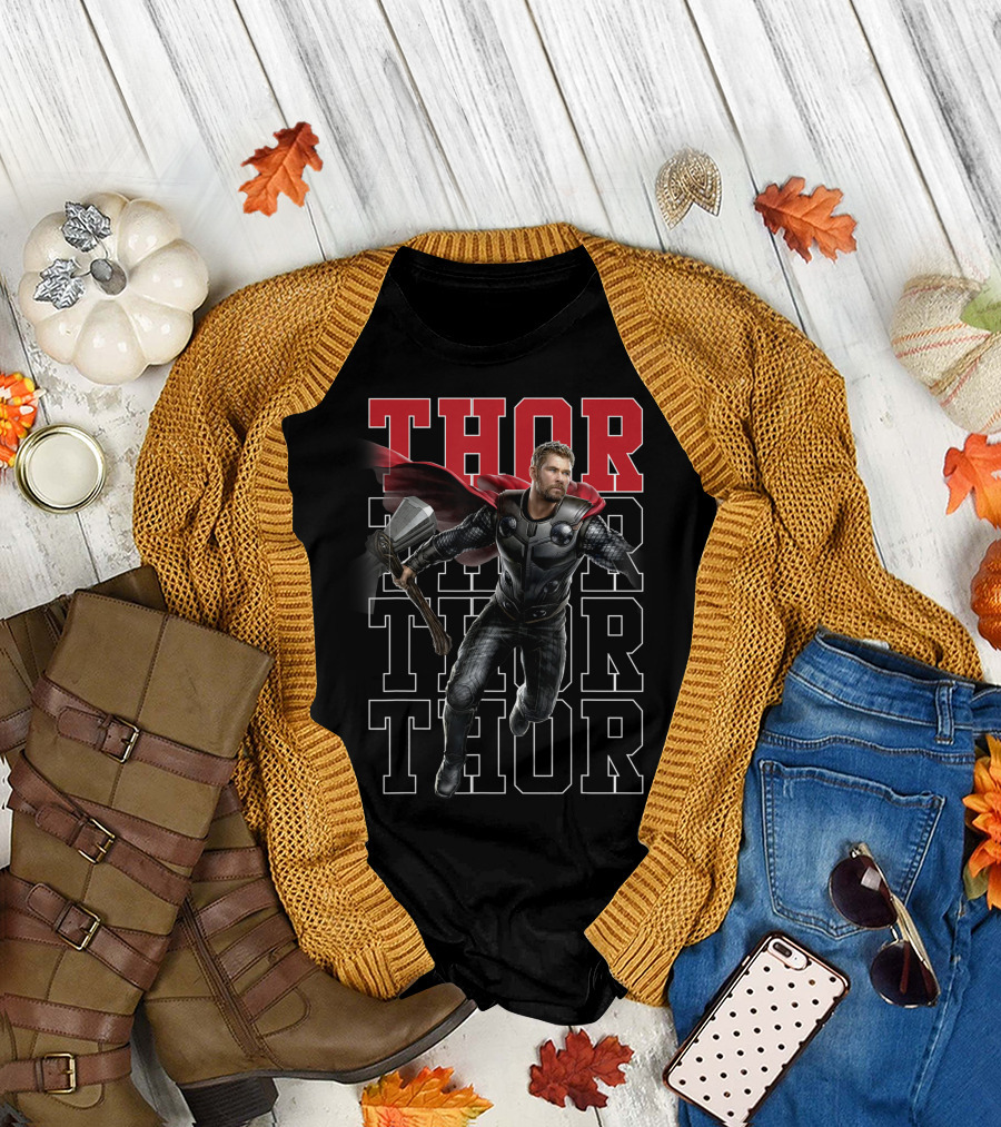 Marvel Avengers Endgame Thor Dynamic Pose With Name Stack T-Shirt