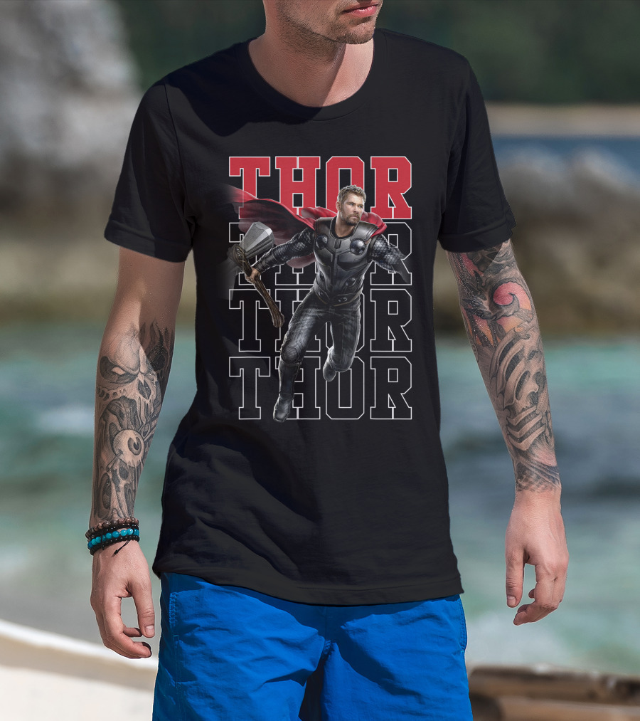 Marvel Avengers Endgame Thor Dynamic Pose With Name Stack T-Shirt