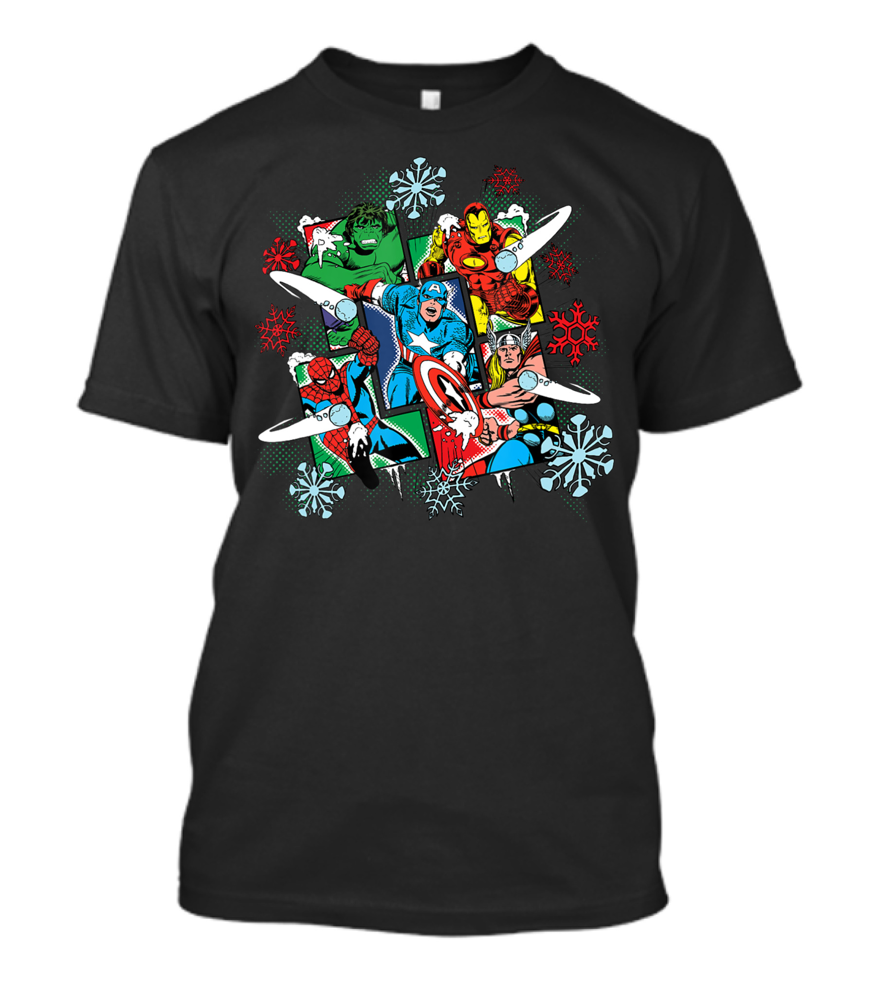 Marvel Super Heroes Action Holiday Captain America Iron Man Hulk Thor Spider-Man Snowflakes T-Shirt