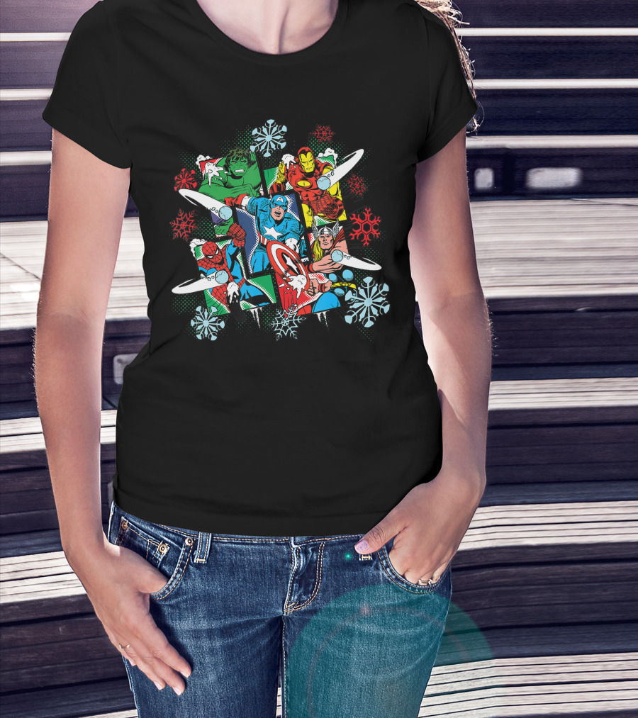 Marvel Super Heroes Action Holiday Captain America Iron Man Hulk Thor Spider-Man Snowflakes T-Shirt
