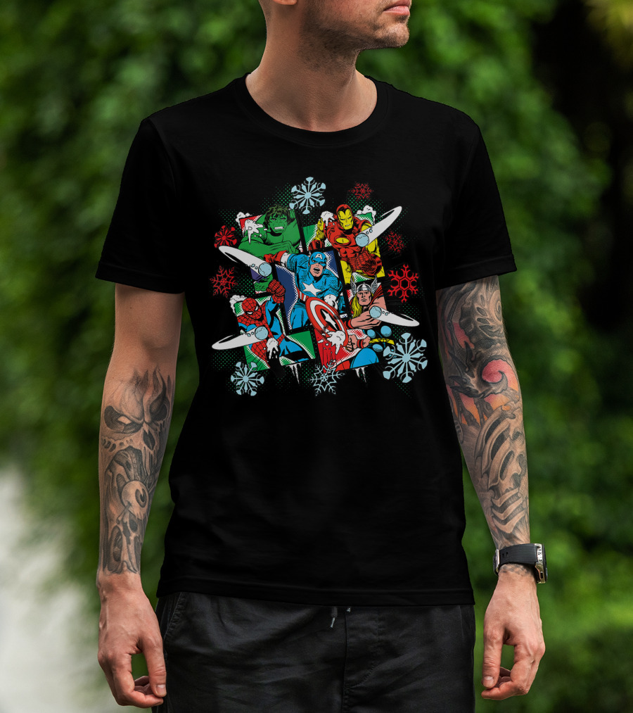 Marvel Super Heroes Action Holiday Captain America Iron Man Hulk Thor Spider-Man Snowflakes T-Shirt