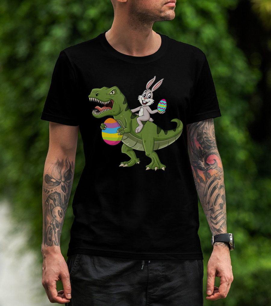 Easter Bunny Riding T-Rex Holding Colorful Easter Eggs T-Shirt