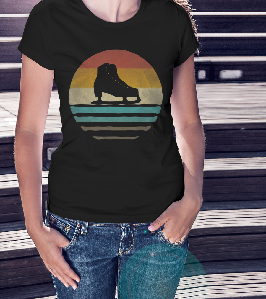 Retro Vintage Ice Skating Silhouette With Striped Sunset Background T-Shirt
