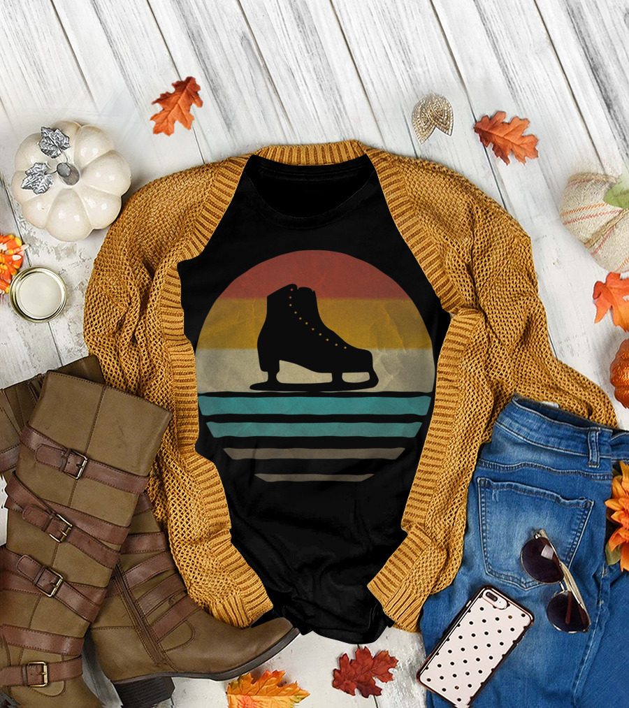 Retro Vintage Ice Skating Silhouette With Striped Sunset Background T-Shirt