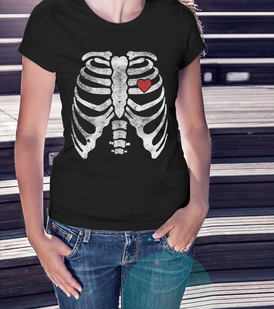 Skeleton Rib Cage X Ray With Red Heart Valentine Day Adult Kids T-Shirt