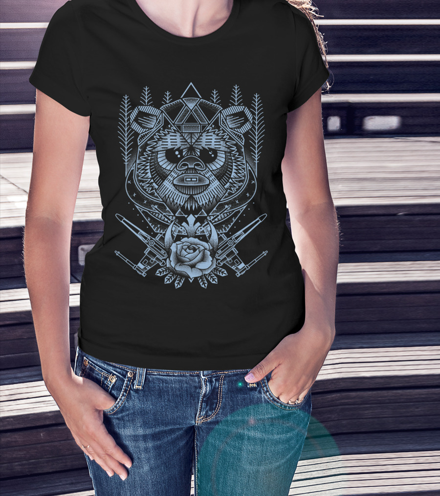 Geometric Angular Ewok With Crossed Starfighters And Rose T-Shirt