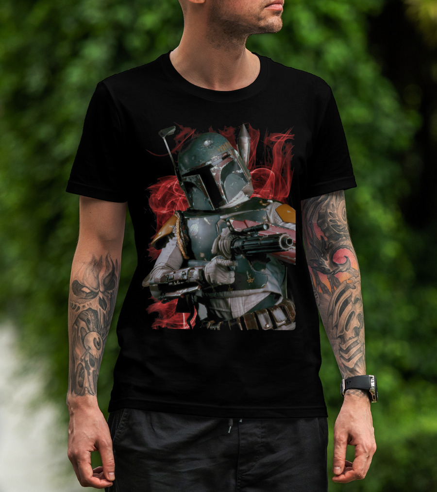 Star Wars Boba Fett Bounty Hunter Smoke Flame Red Glow T-Shirt