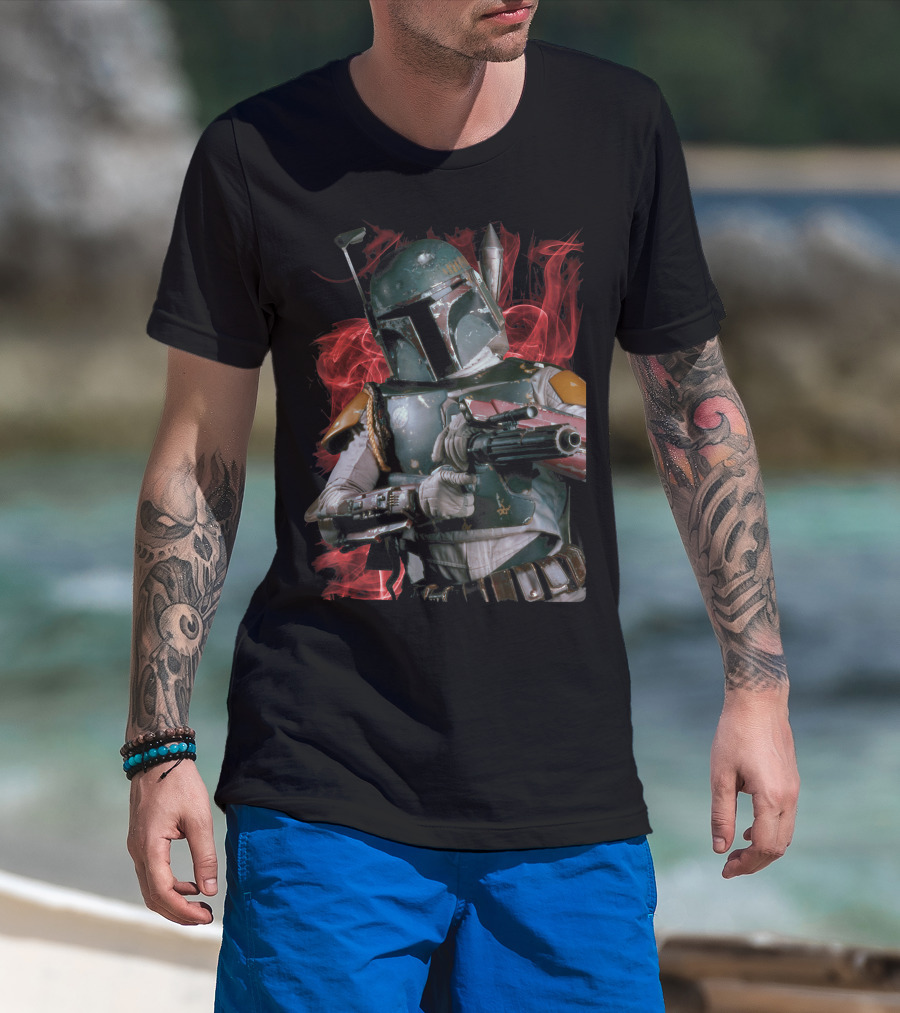 Star Wars Boba Fett Bounty Hunter Smoke Flame Red Glow T-Shirt