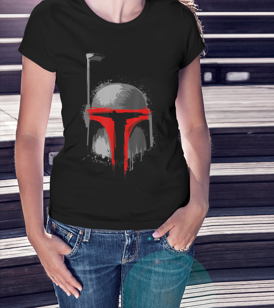 Star Wars Boba Fett Dripping Paint Helmet With Red And Gray T-Shirt