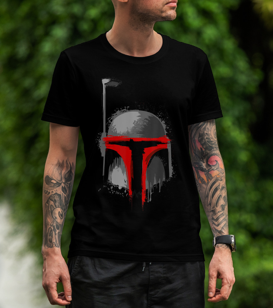 Star Wars Boba Fett Dripping Paint Helmet With Red And Gray T-Shirt