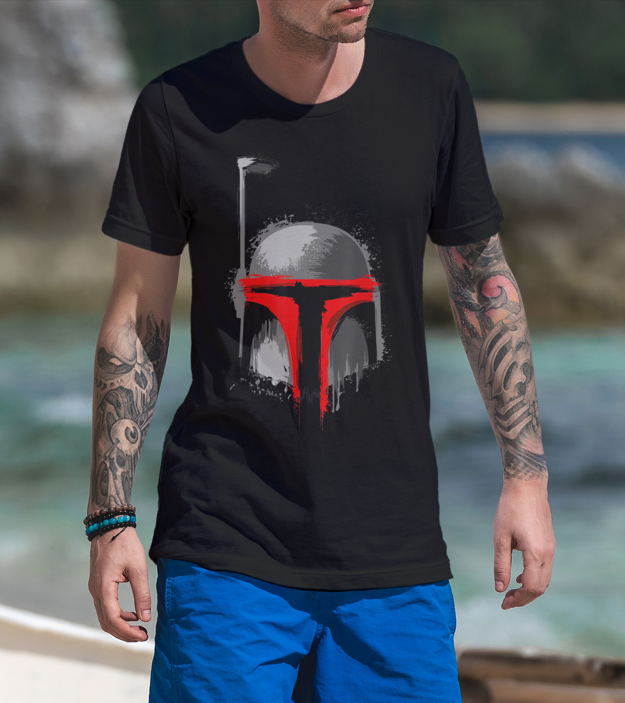 Star Wars Boba Fett Dripping Paint Helmet With Red And Gray T-Shirt