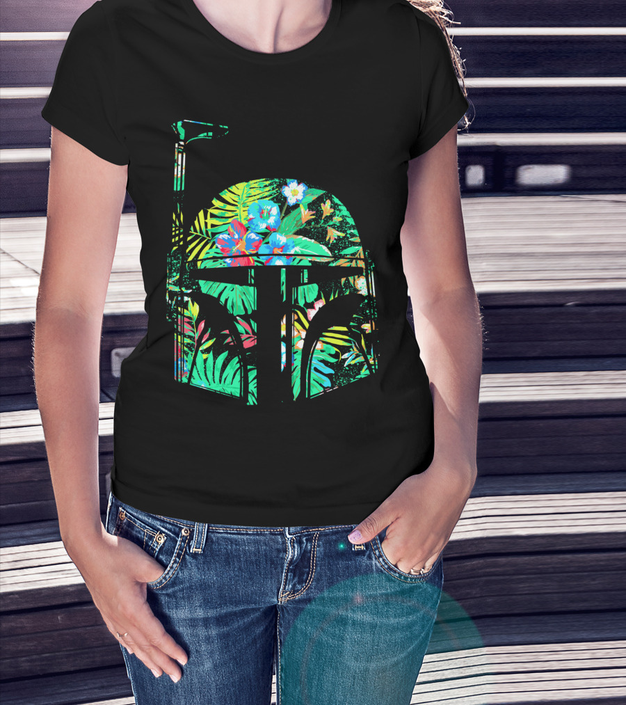 Star Wars Boba Fett Helmet Tropical Floral Hawaiian Print T-Shirt